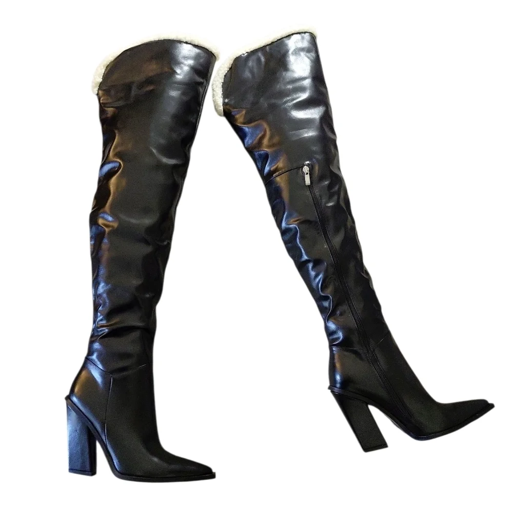 NEW PrettyLittleThing Fur Lined Black Over the Knee Boot Thigh Highs Sz 5